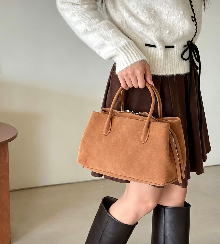 Amoirelle Cider Suede-Look Satchel – Structured Brown Top Handle Bag – Warm Cider view 1
